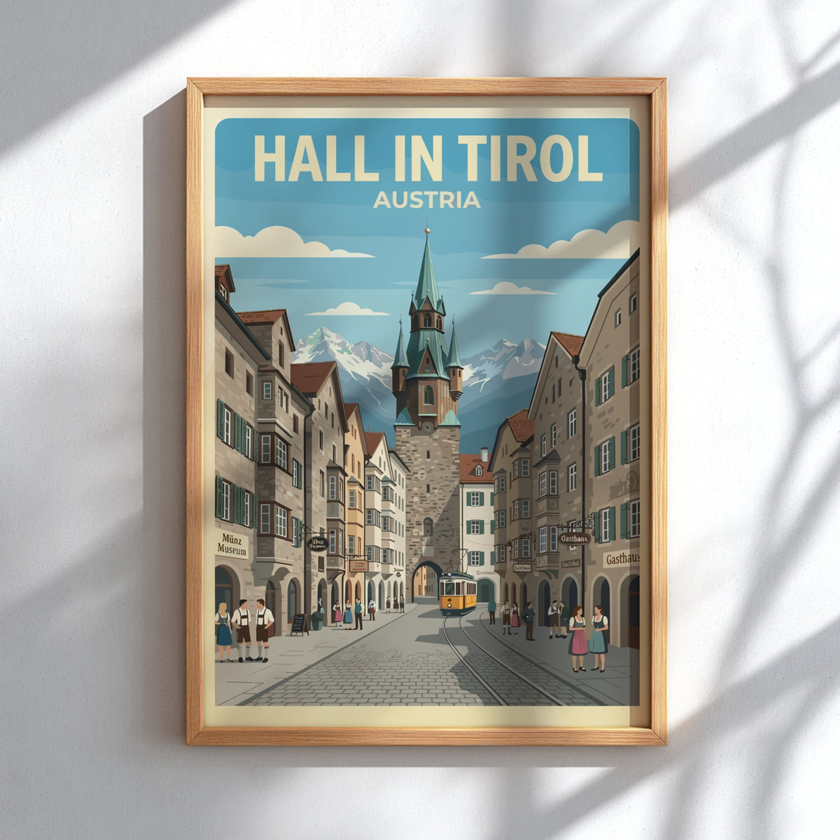 Travel poster of Hall in Tirol featuring a historic tower and alpine mountains.