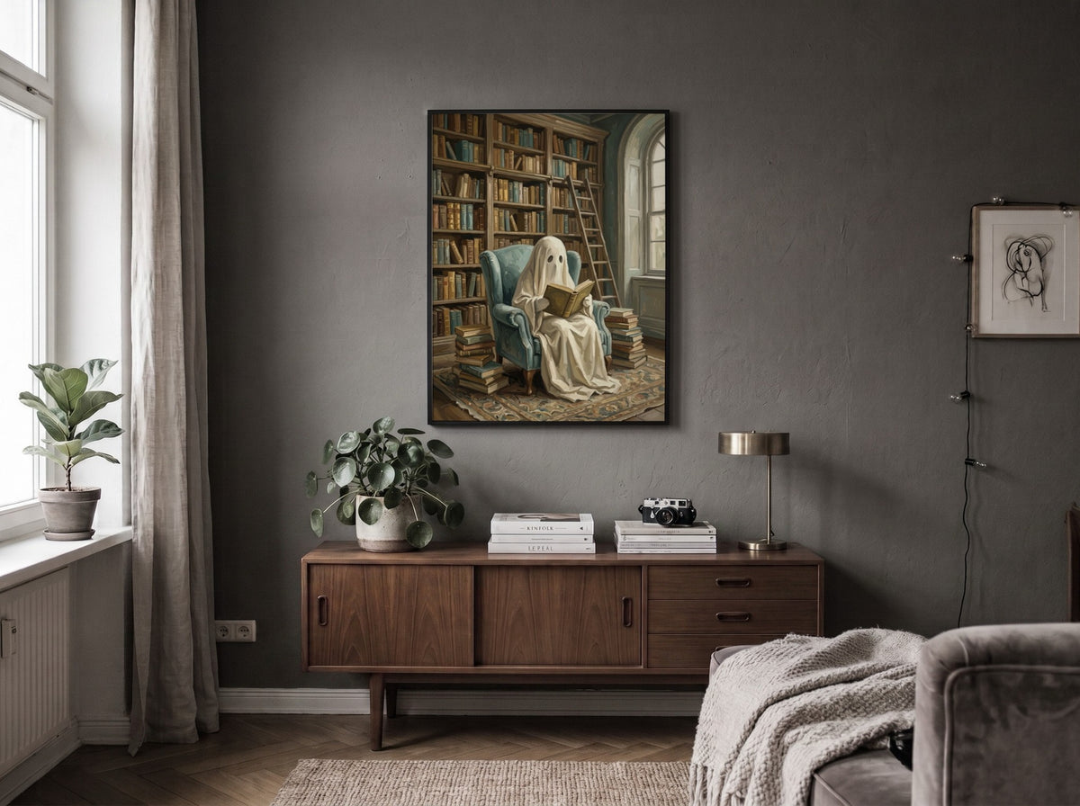 Poster of a ghost reading a book in a library with blue chair