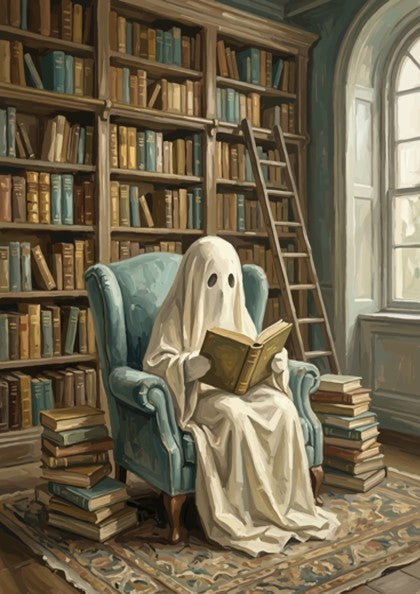 Poster of a ghost reading a book in a library with blue chair