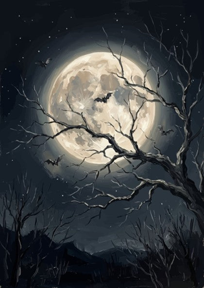 Poster featuring a large full moon with silhouetted bats and bare tree branches.