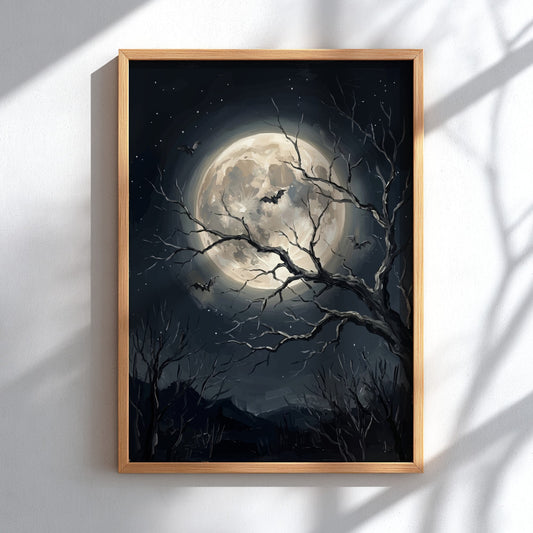 Poster featuring a large full moon with silhouetted bats and bare tree branches.