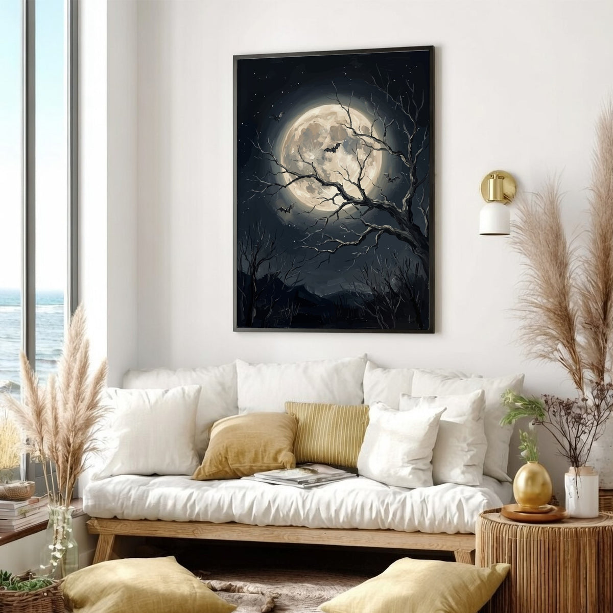 Poster featuring a large full moon with silhouetted bats and bare tree branches.