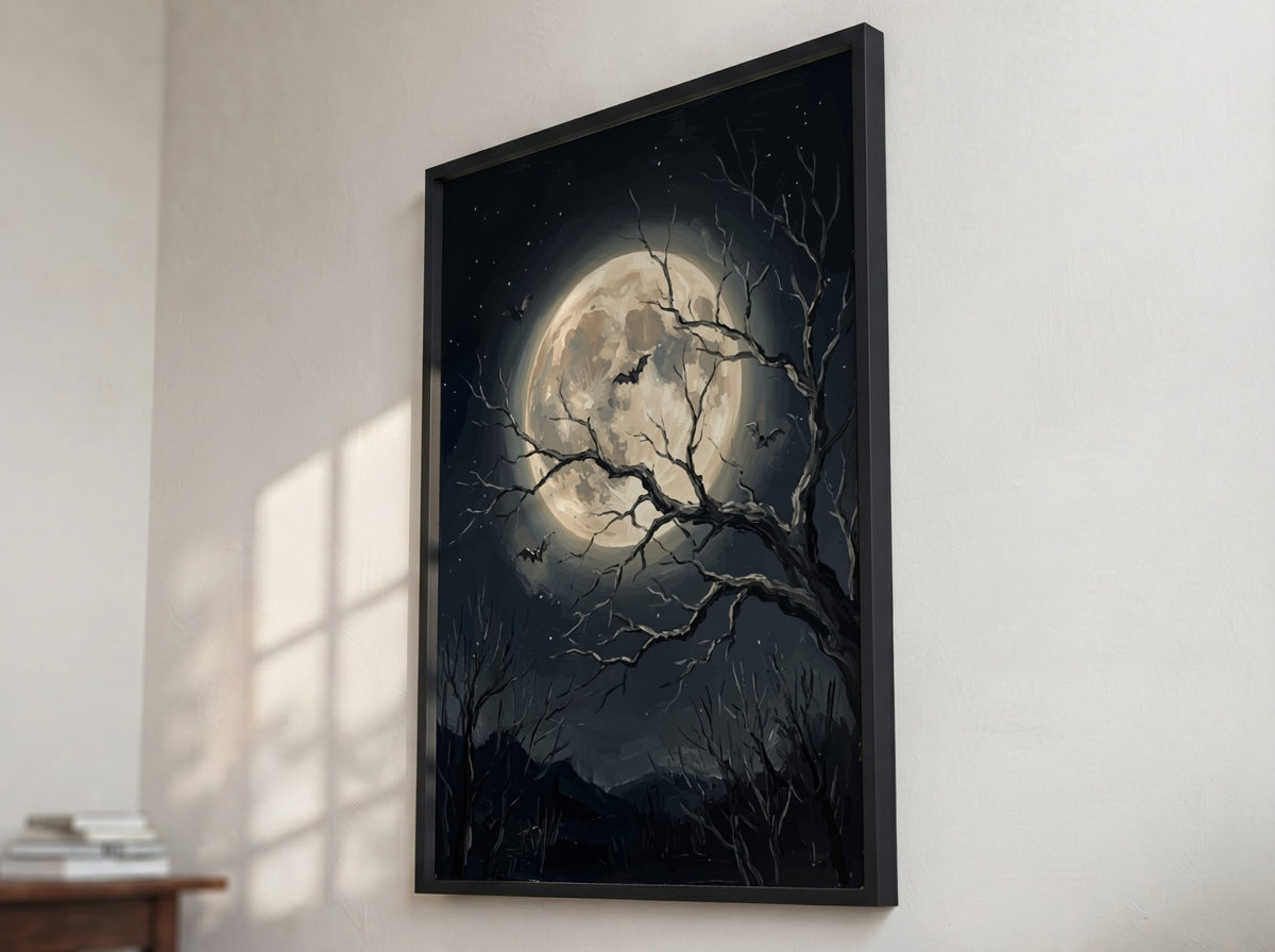 Poster featuring a large full moon with silhouetted bats and bare tree branches.