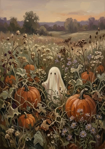 Poster featuring a small white ghost standing in a pumpkin patch with wildflowers