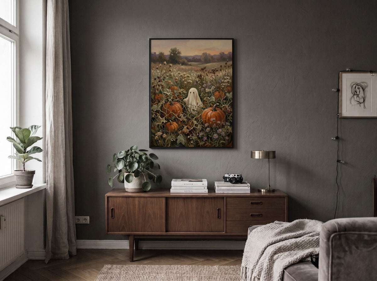 Poster featuring a small white ghost standing in a pumpkin patch with wildflowers