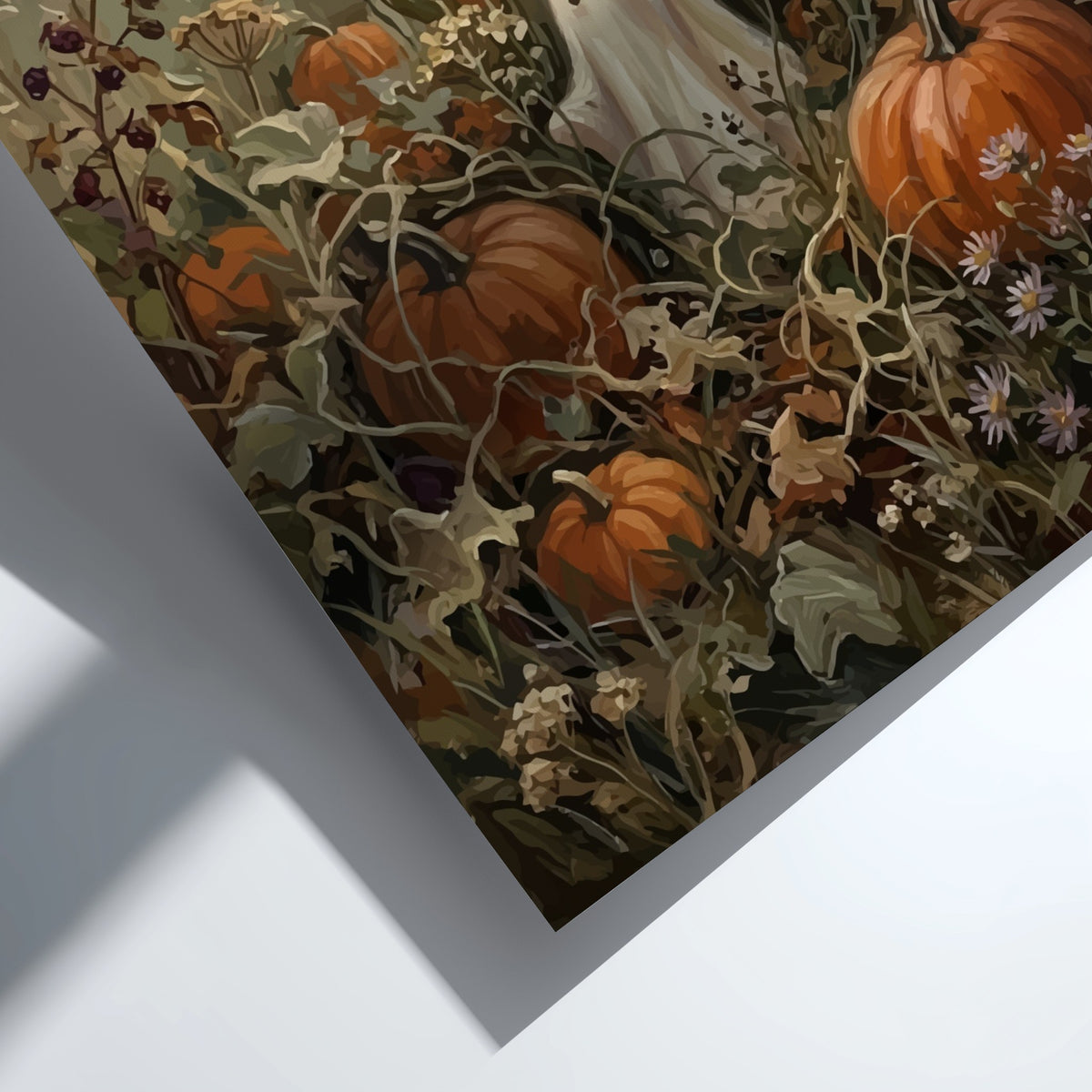 Poster featuring a small white ghost standing in a pumpkin patch with wildflowers