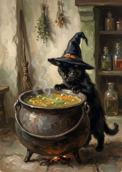 Poster featuring a black kitten in a witch hat looking into a bubbling cauldron.