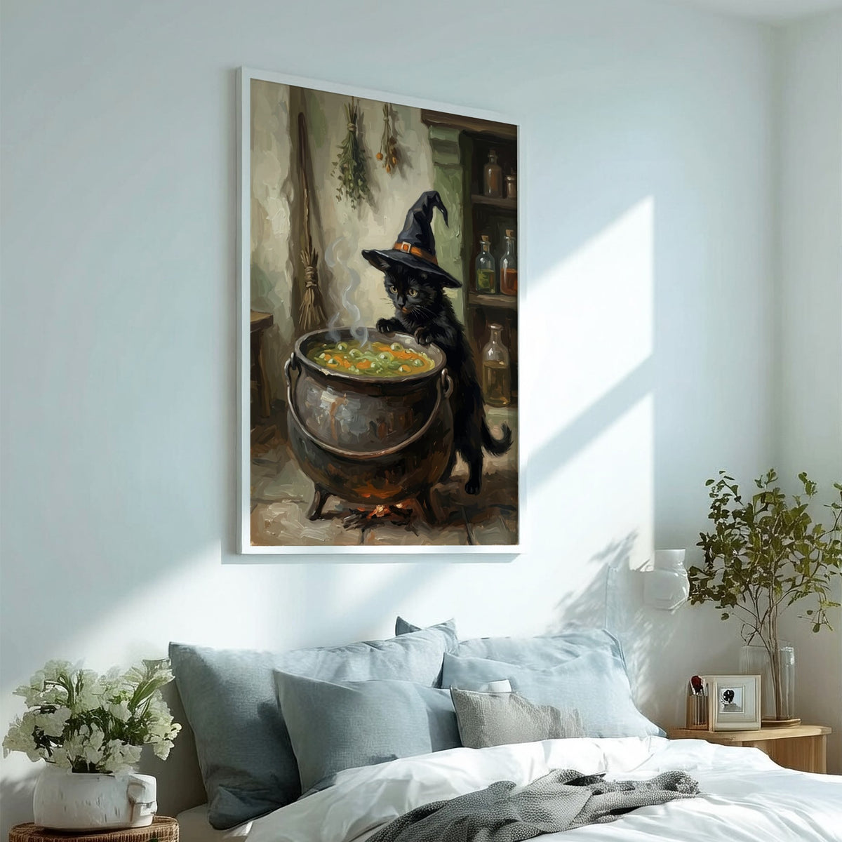 Poster featuring a black kitten in a witch hat looking into a bubbling cauldron.