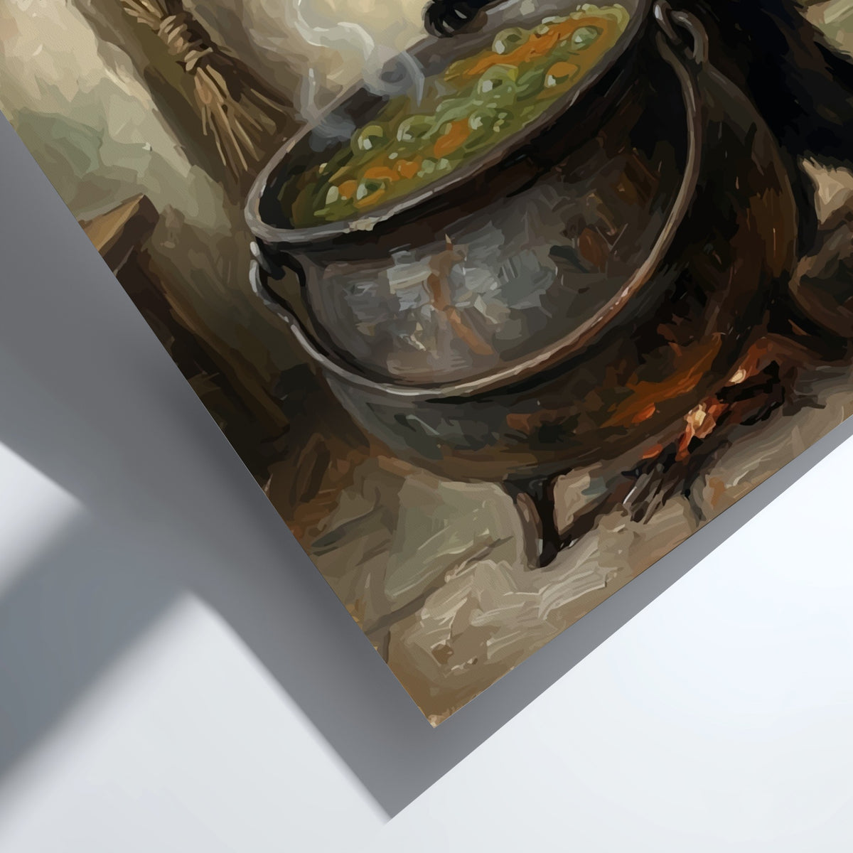 Poster featuring a black kitten in a witch hat looking into a bubbling cauldron.