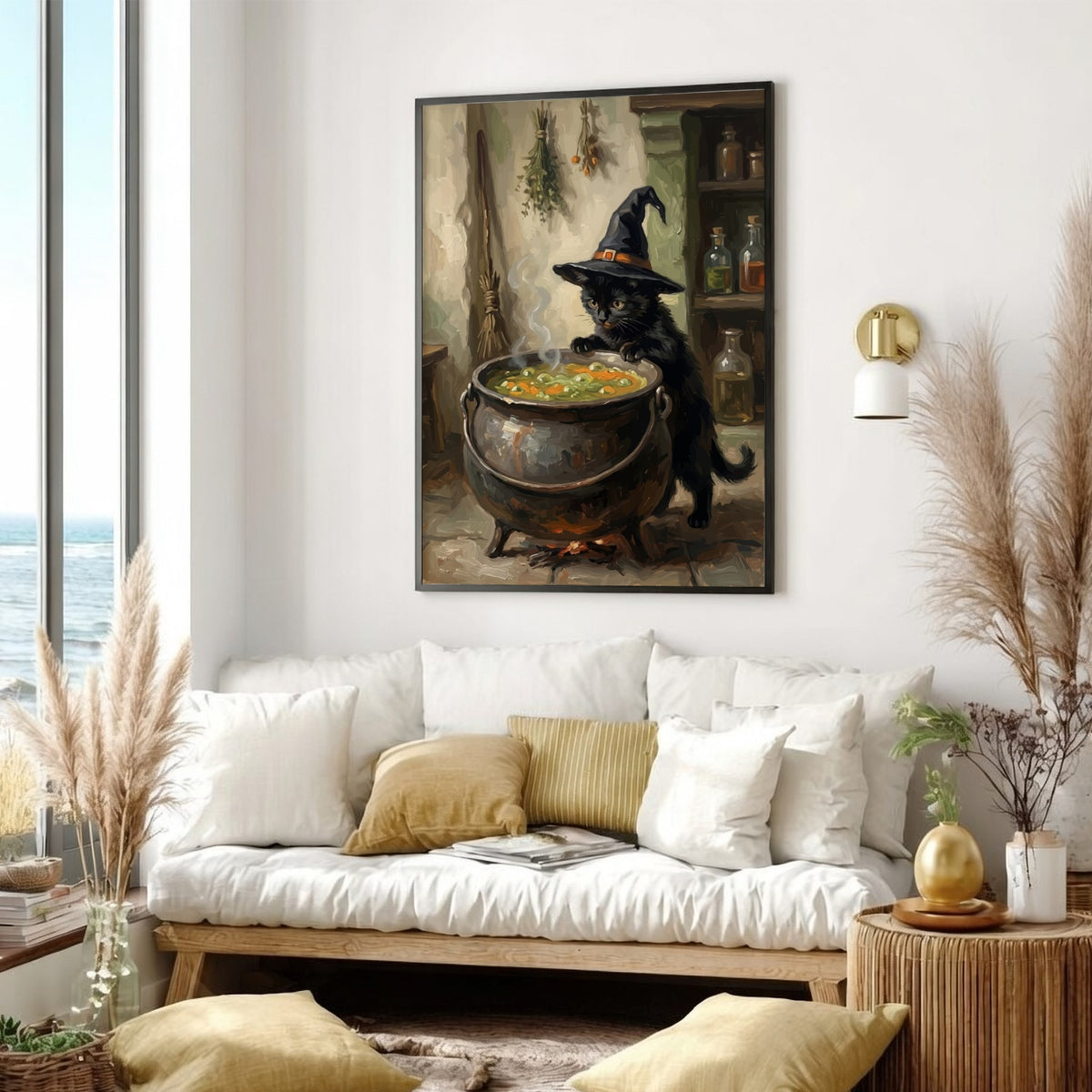 Poster featuring a black kitten in a witch hat looking into a bubbling cauldron.