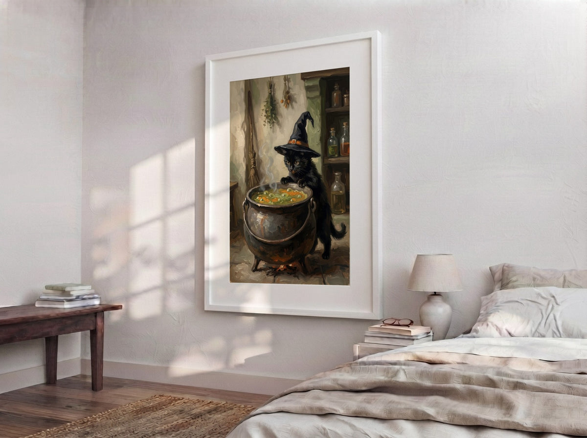 Poster featuring a black kitten in a witch hat looking into a bubbling cauldron.