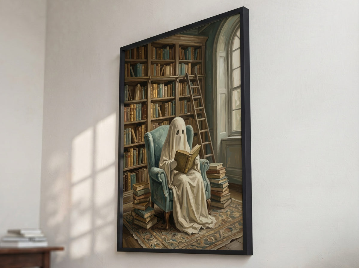 Poster of a ghost reading a book in a library with blue chair
