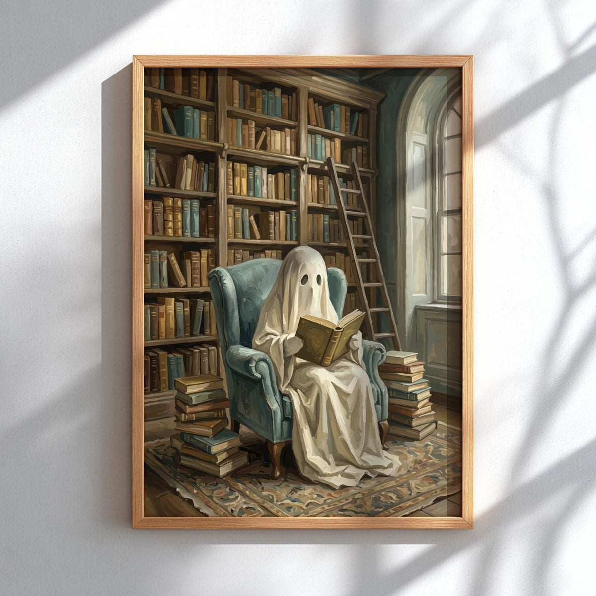 Poster of a ghost reading a book in a library with blue chair