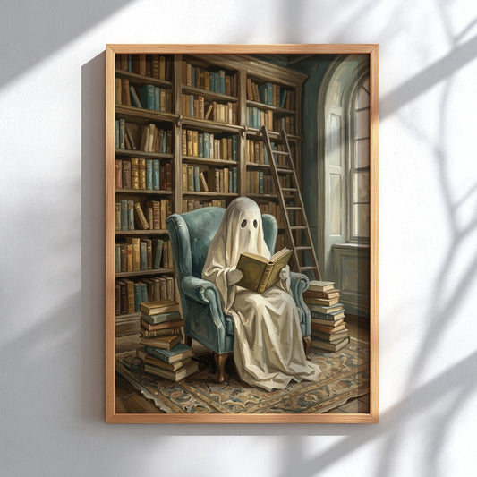 Poster of a ghost reading a book in a library with blue chair