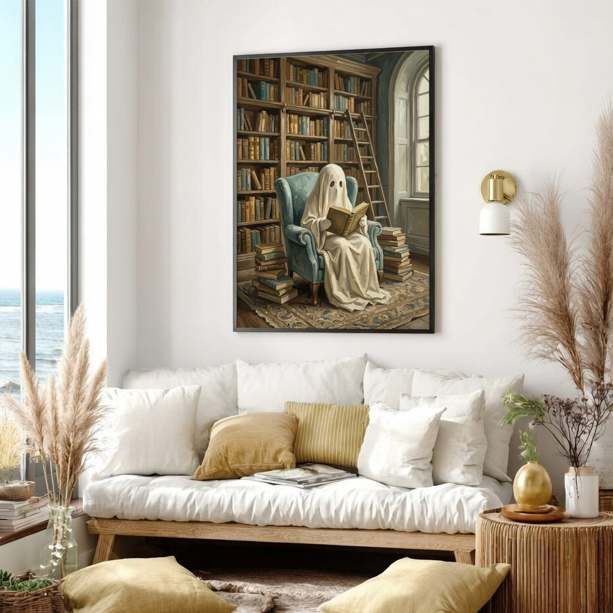 Poster of a ghost reading a book in a library with blue chair
