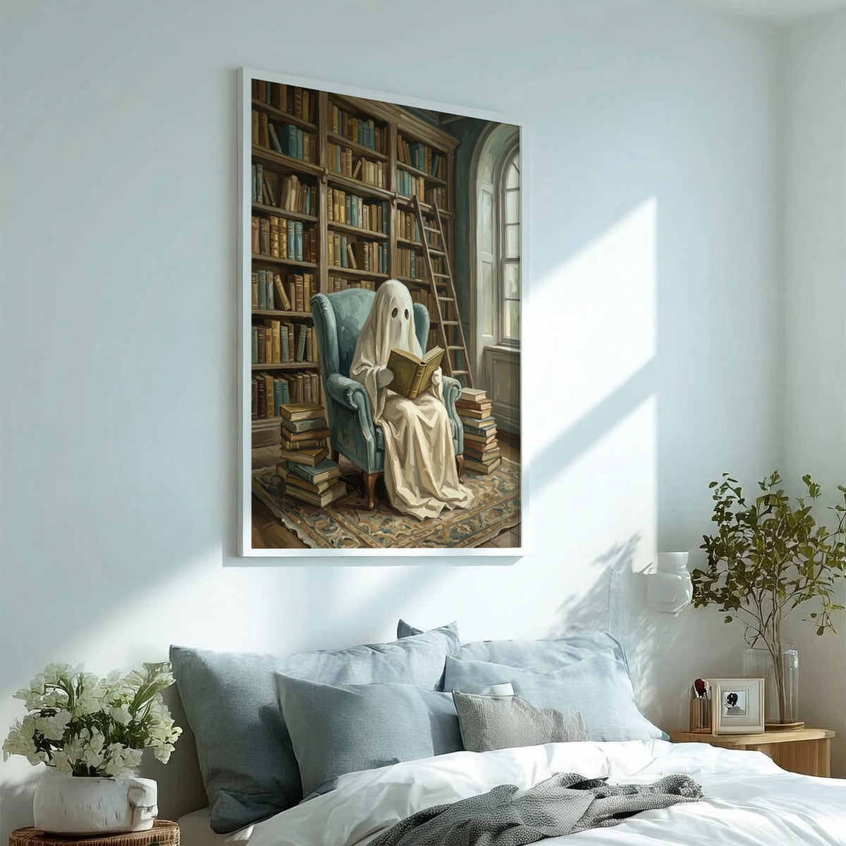Poster of a ghost reading a book in a library with blue chair