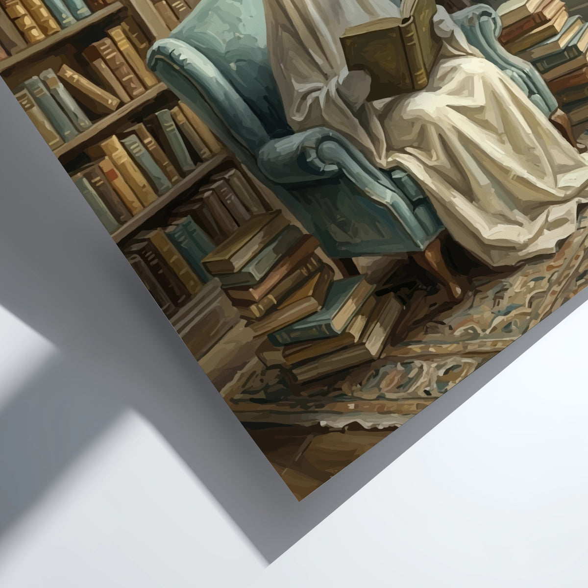 Poster of a ghost reading a book in a library with blue chair