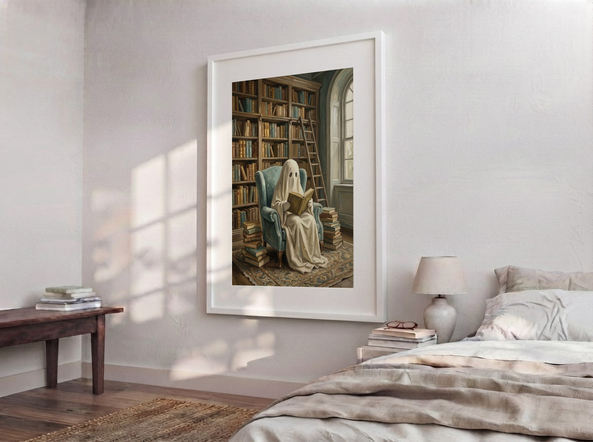 Poster of a ghost reading a book in a library with blue chair