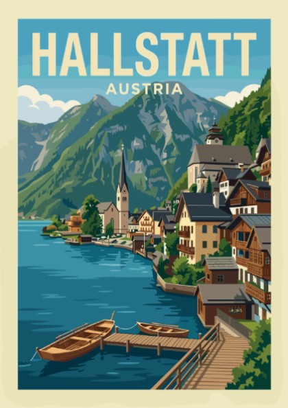 Vintage travel poster of Hallstatt, Austria, featuring a lake, village, and mountains in a retro style.