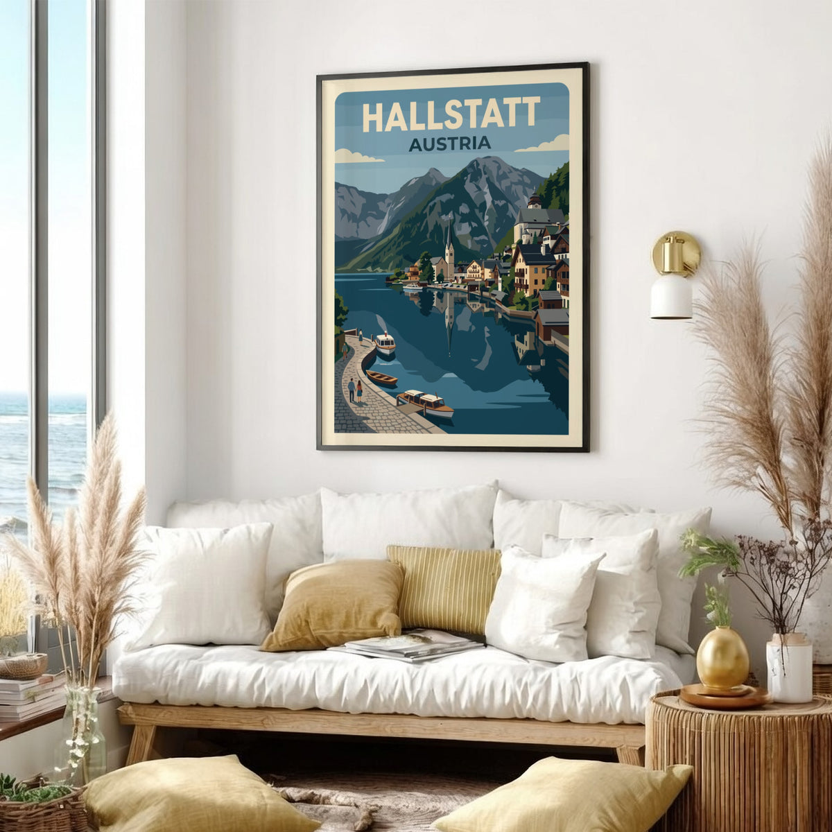 Hallstatt Austria travel poster showing a lakeside village with mountains and blue water.