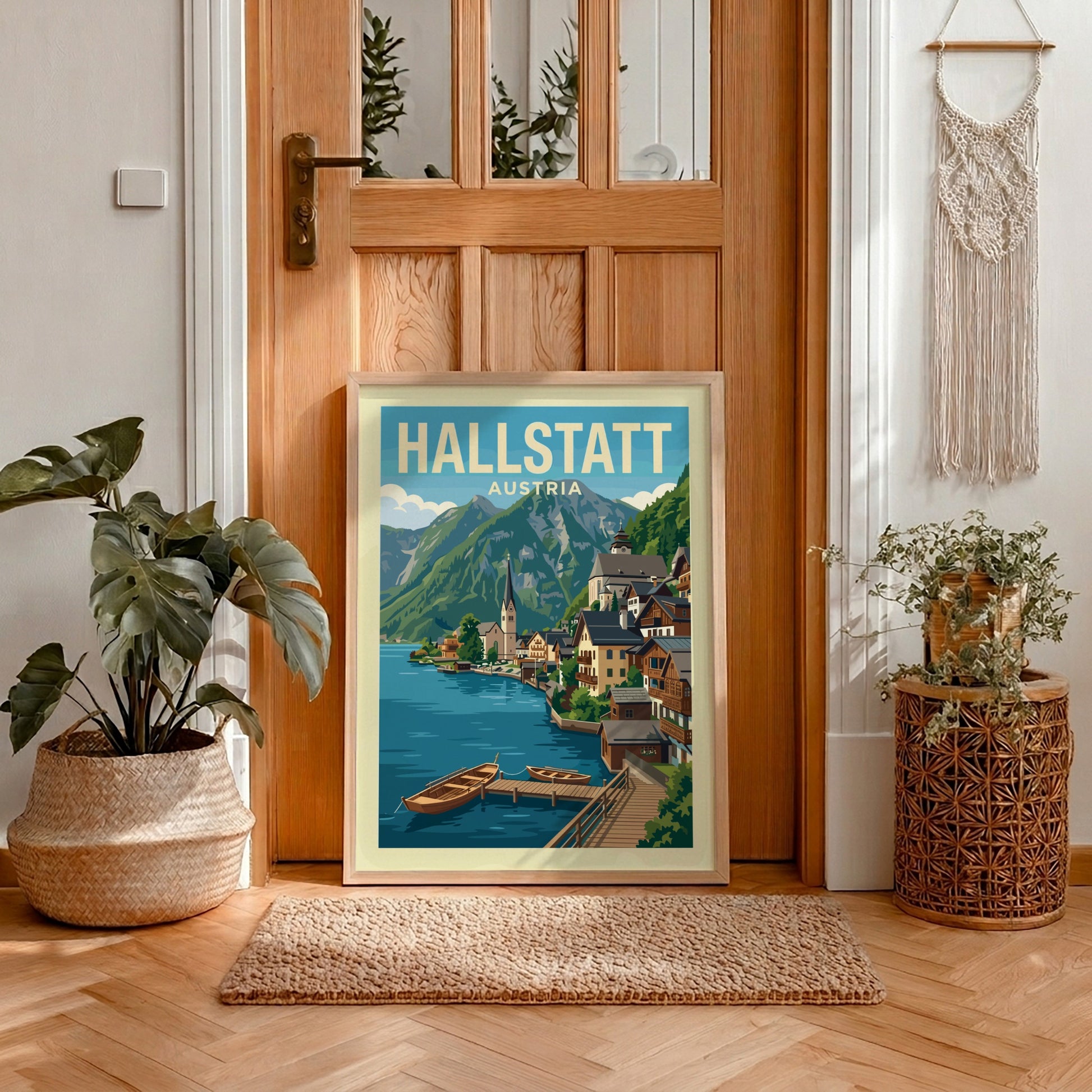Vintage travel poster of Hallstatt, Austria, featuring a lake, village, and mountains in a retro style.