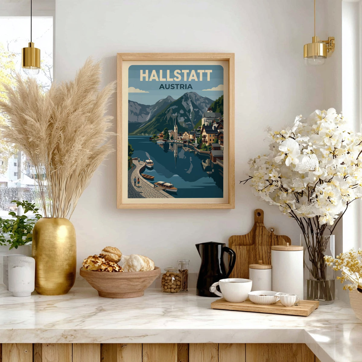 Hallstatt Austria travel poster showing a lakeside village with mountains and blue water.