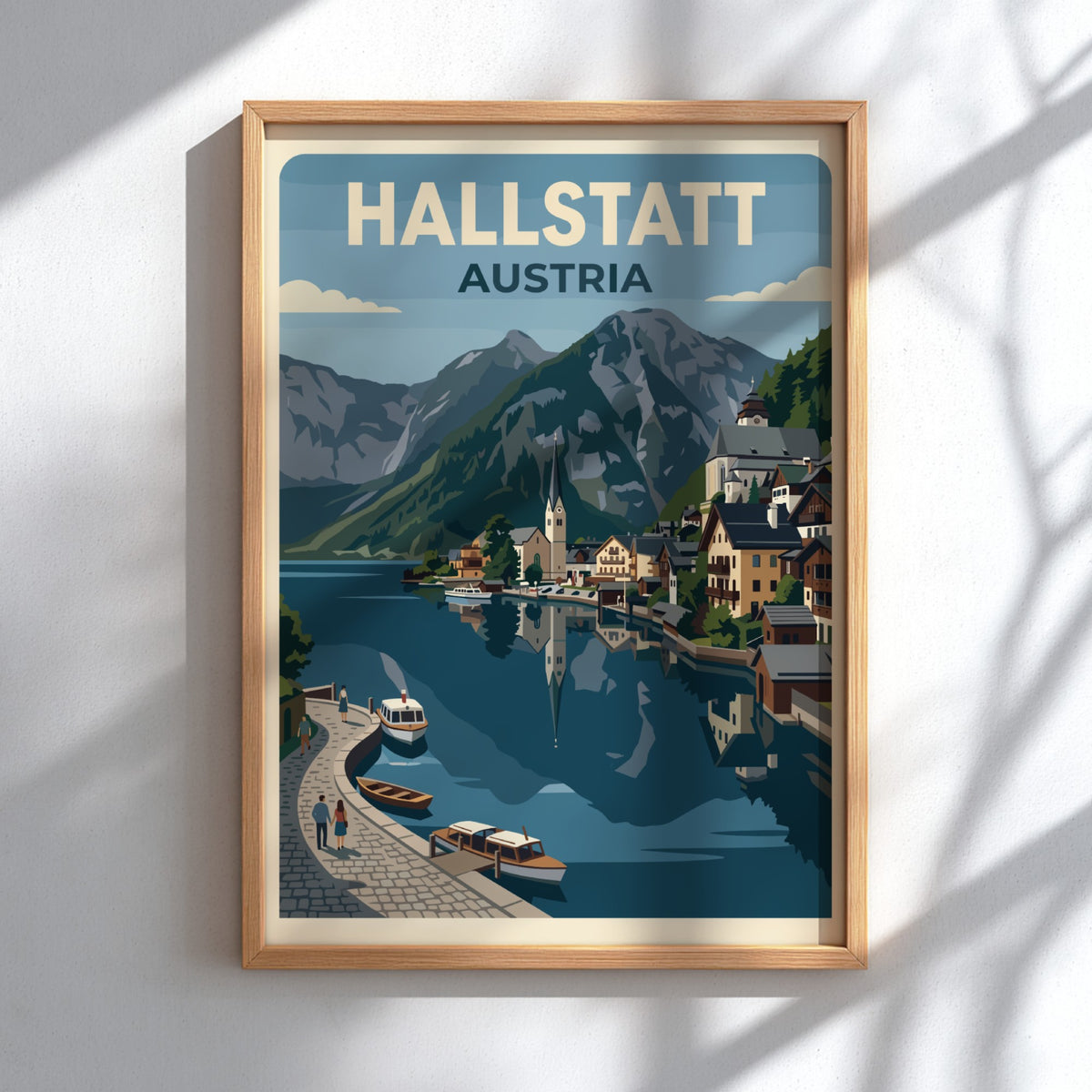Hallstatt Austria travel poster showing a lakeside village with mountains and blue water.