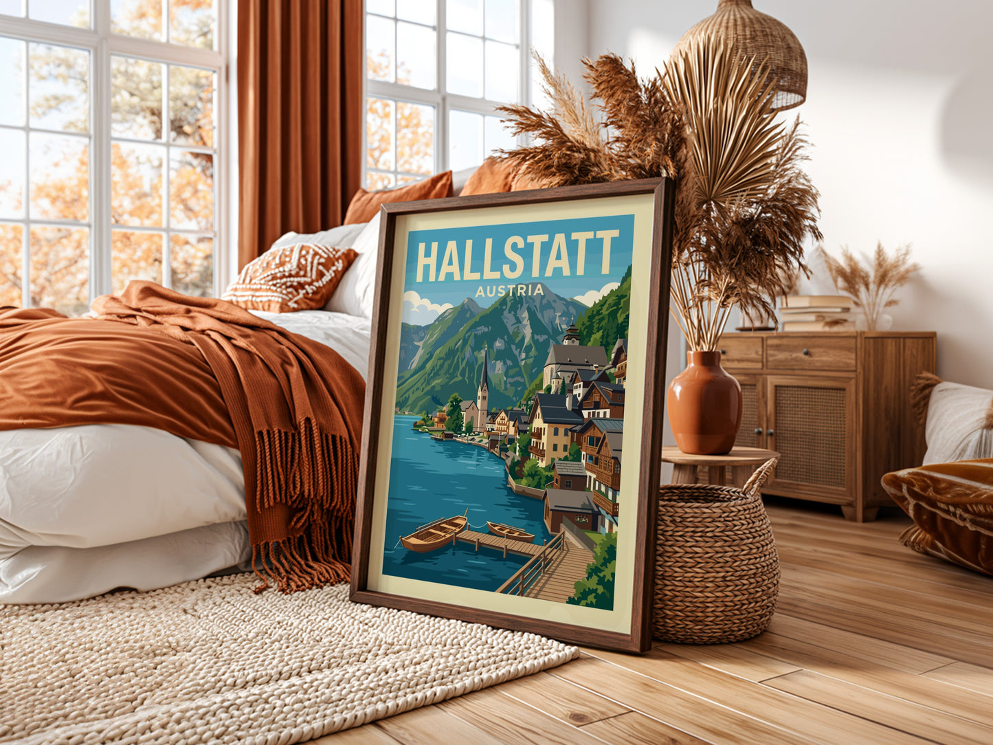 Vintage travel poster of Hallstatt, Austria, featuring a lake, village, and mountains in a retro style.