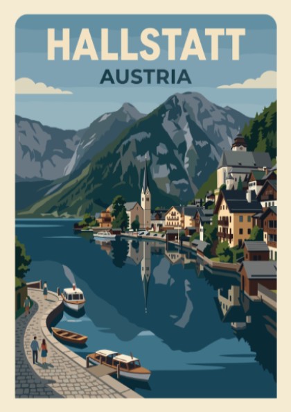 Hallstatt Austria travel poster showing a lakeside village with mountains and blue water.