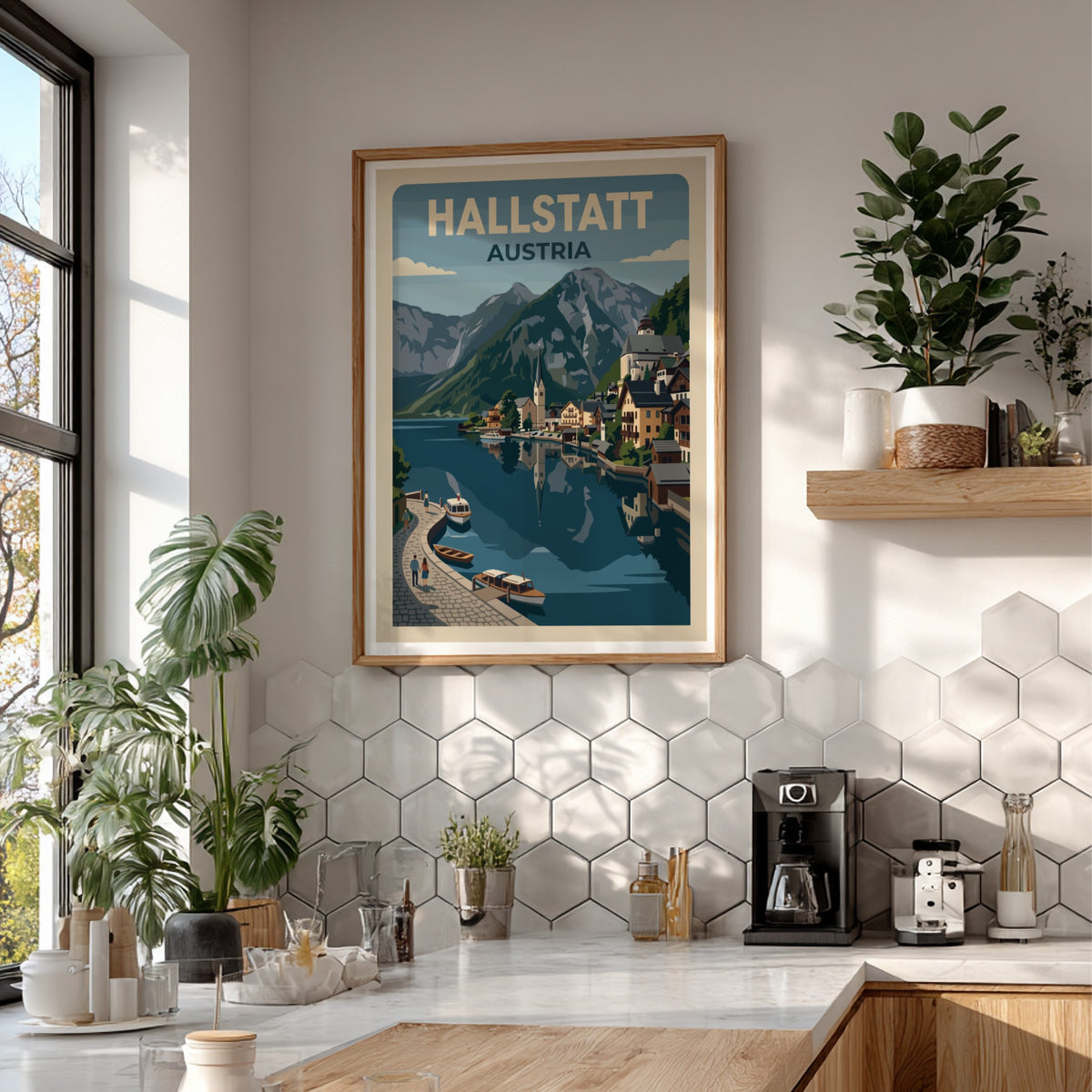 Hallstatt Austria travel poster showing a lakeside village with mountains and blue water.