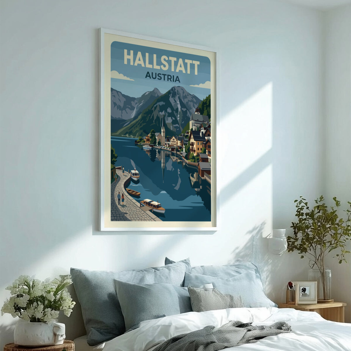 Hallstatt Austria travel poster showing a lakeside village with mountains and blue water.