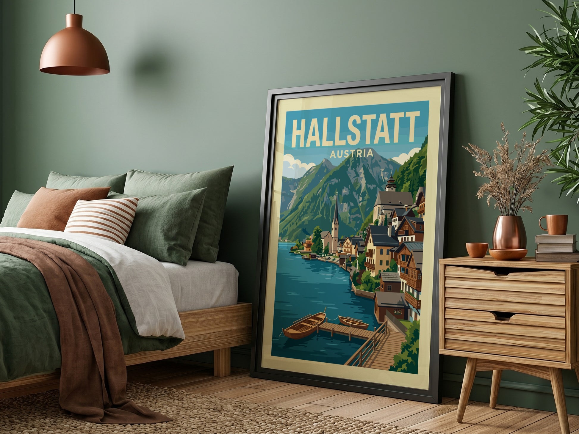 Vintage travel poster of Hallstatt, Austria, featuring a lake, village, and mountains in a retro style.
