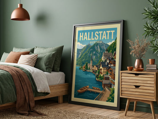 Vintage travel poster of Hallstatt, Austria, featuring a lake, village, and mountains in a retro style.