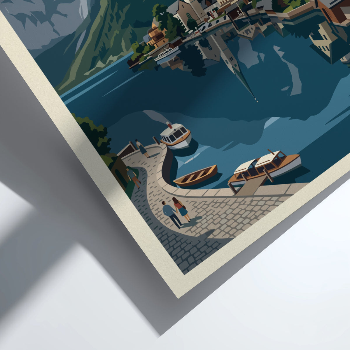 Hallstatt Austria travel poster showing a lakeside village with mountains and blue water.