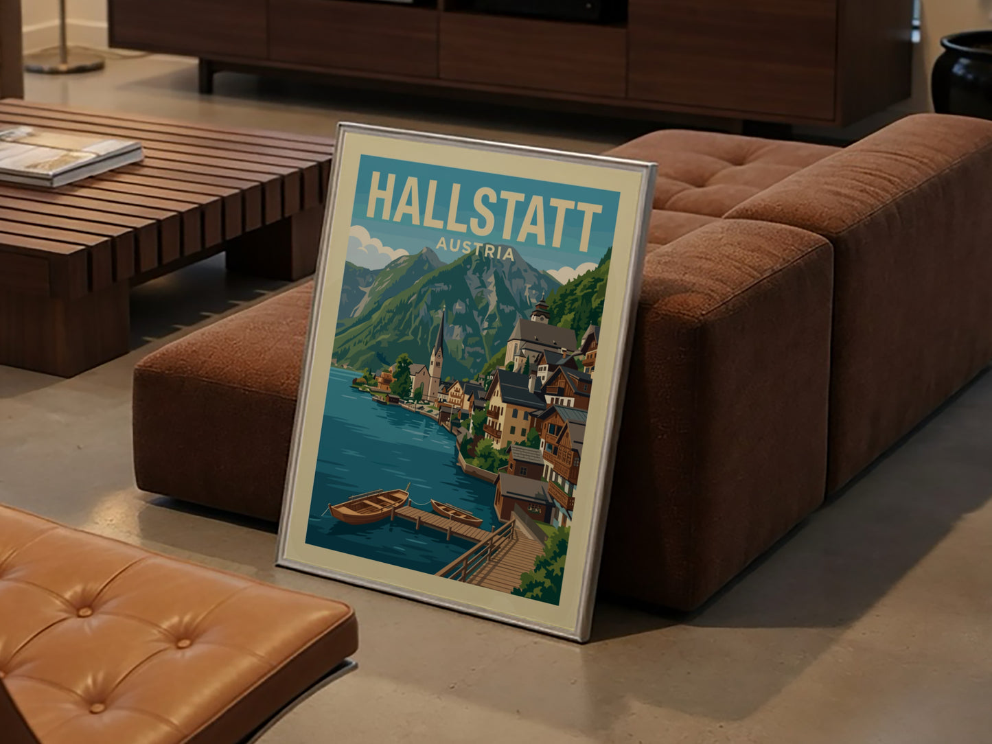 Vintage travel poster of Hallstatt, Austria, featuring a lake, village, and mountains in a retro style.