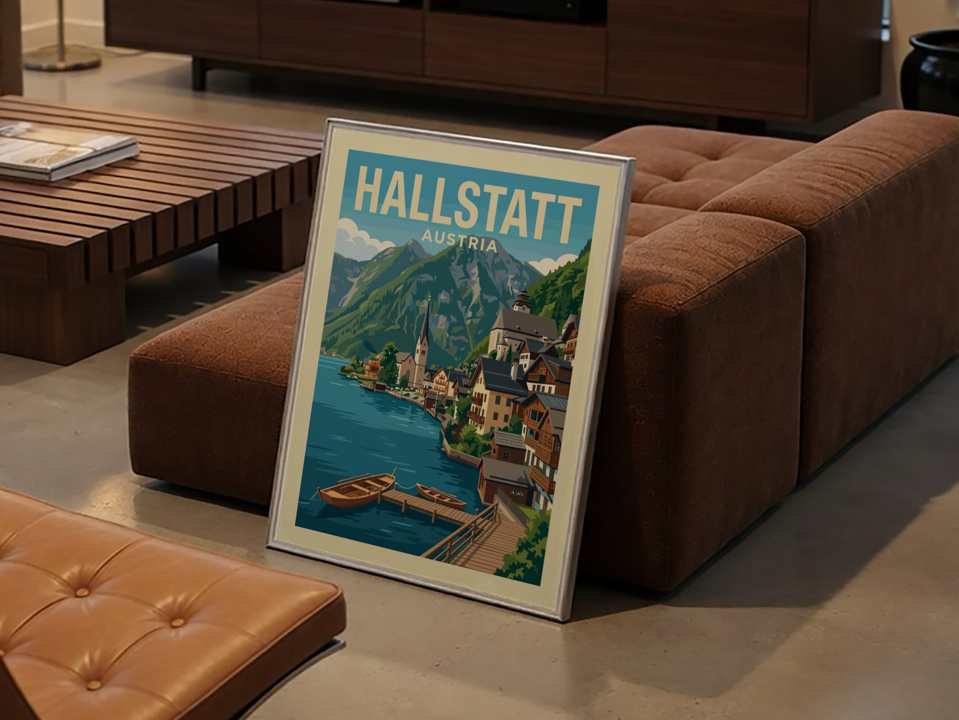 Vintage travel poster of Hallstatt, Austria, featuring a lake, village, and mountains in a retro style.