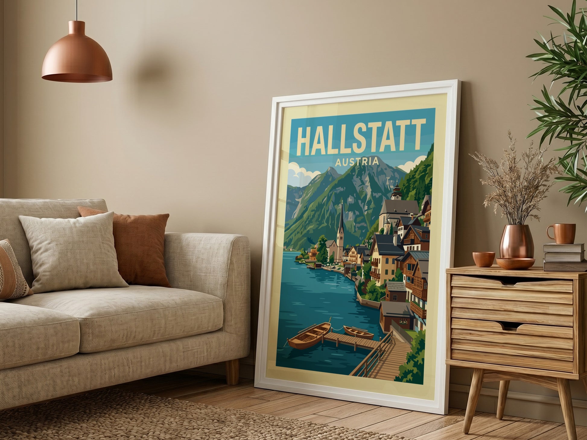 Vintage travel poster of Hallstatt, Austria, featuring a lake, village, and mountains in a retro style.