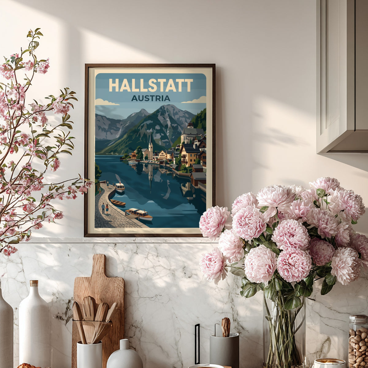 Hallstatt Austria travel poster showing a lakeside village with mountains and blue water.