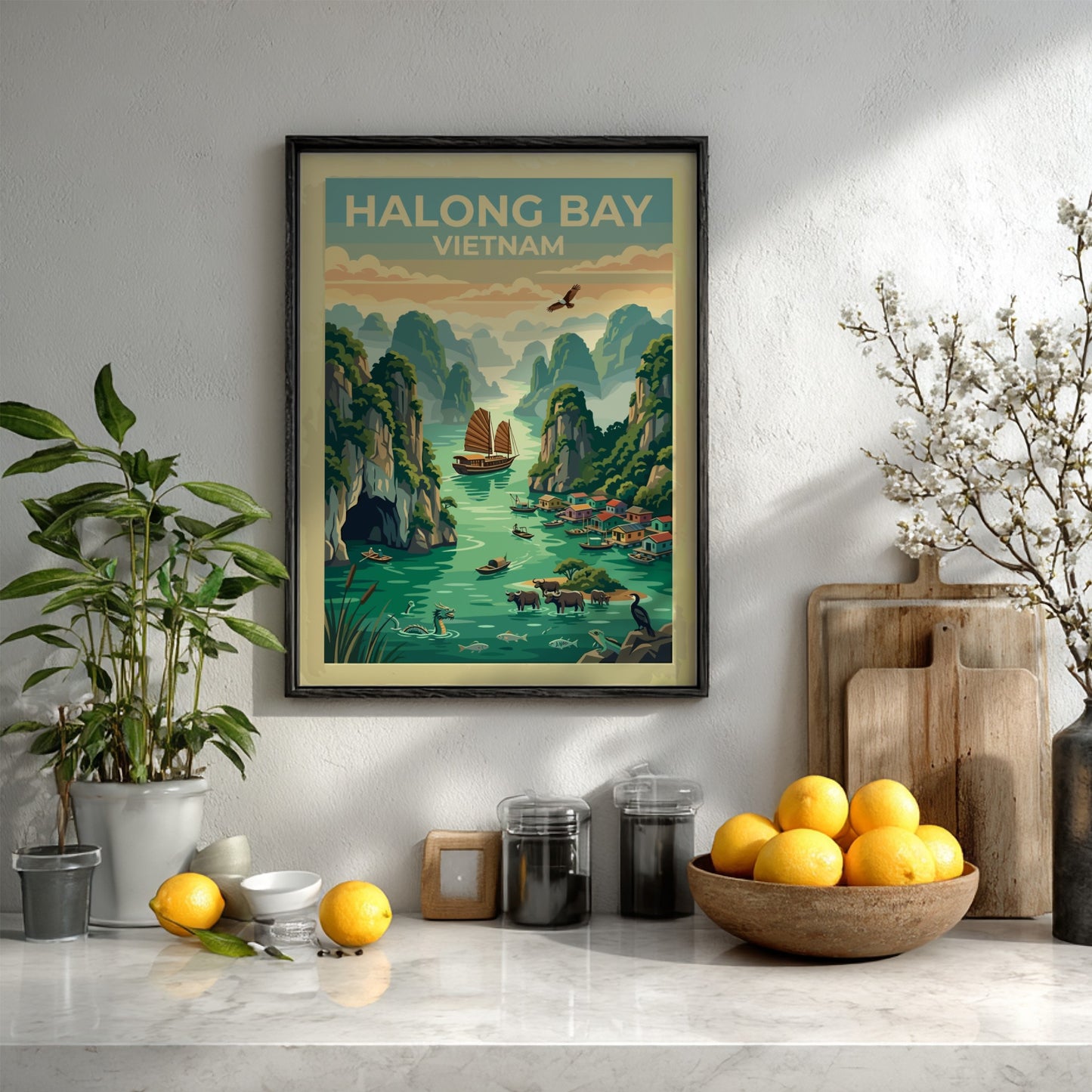 Halong Bay Vietnam travel poster featuring limestone cliffs, traditional junk boats, and water buffalo.
