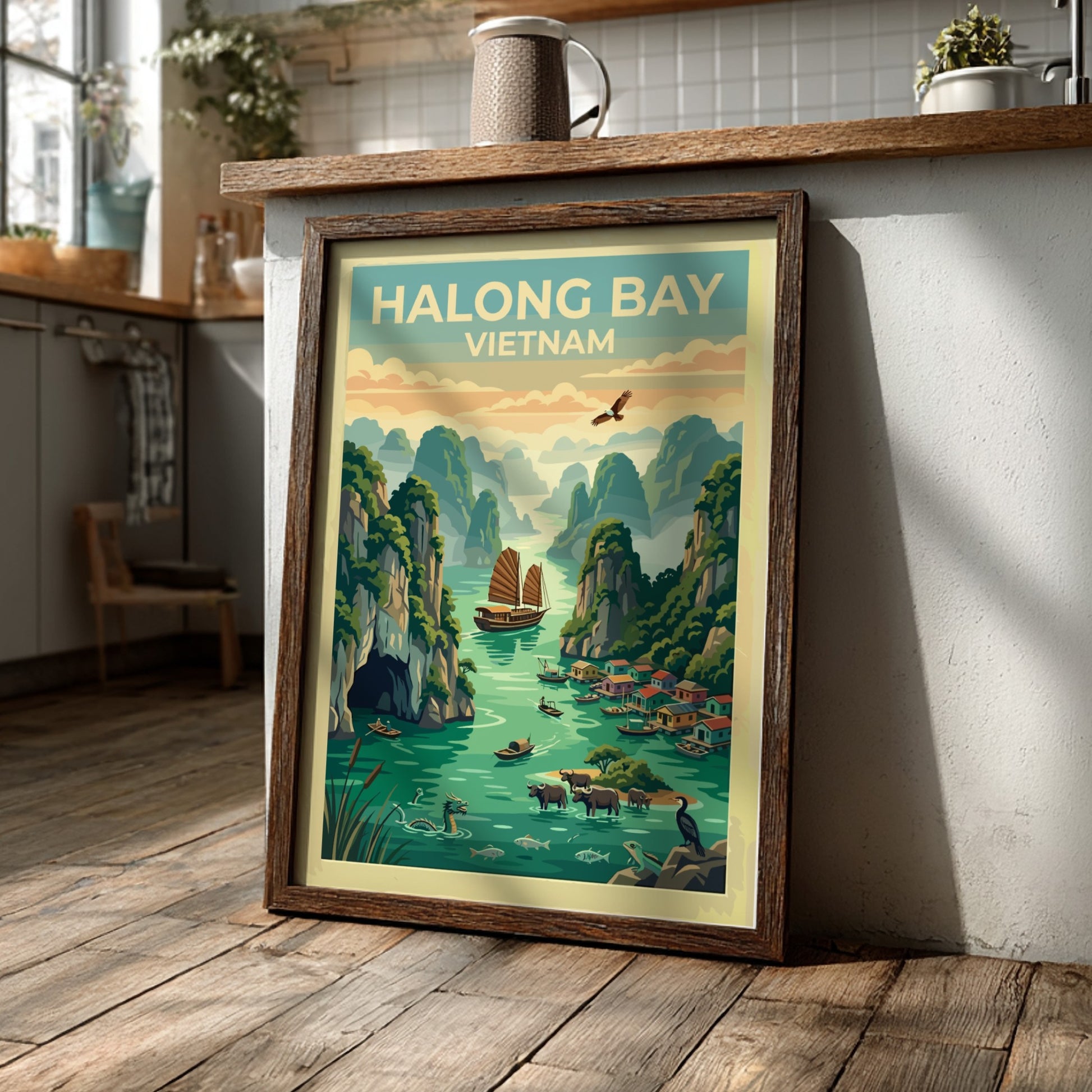 Halong Bay Vietnam travel poster featuring limestone cliffs, traditional junk boats, and water buffalo.
