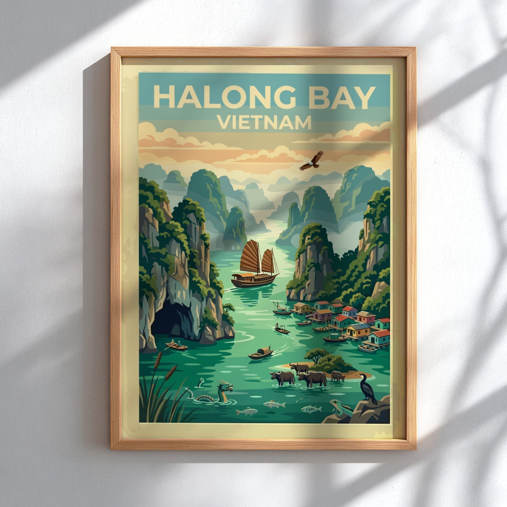 Halong Bay Vietnam travel poster featuring limestone cliffs, traditional junk boats, and water buffalo.