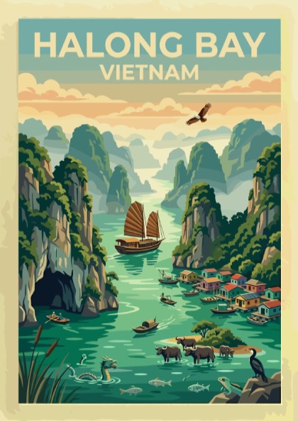 Halong Bay Vietnam travel poster featuring limestone cliffs, traditional junk boats, and water buffalo.