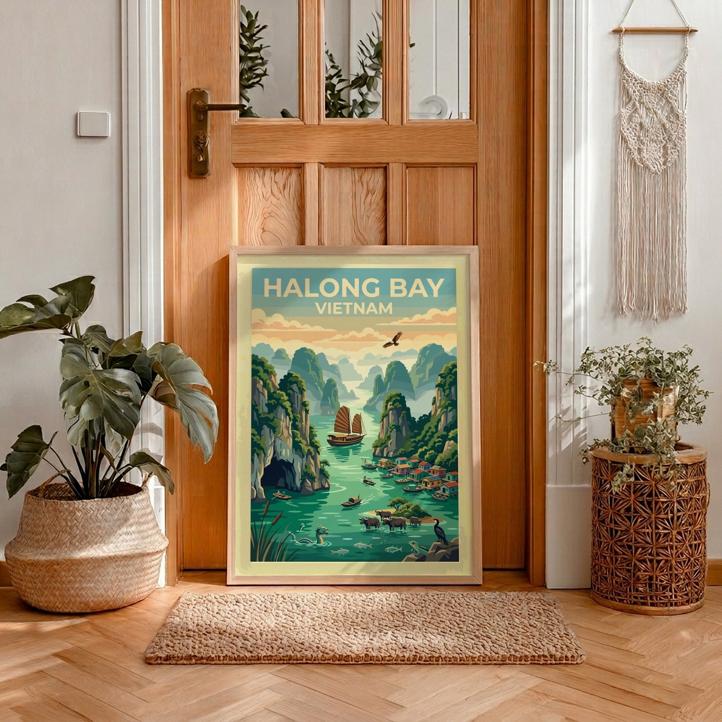 Halong Bay Vietnam travel poster featuring limestone cliffs, traditional junk boats, and water buffalo.