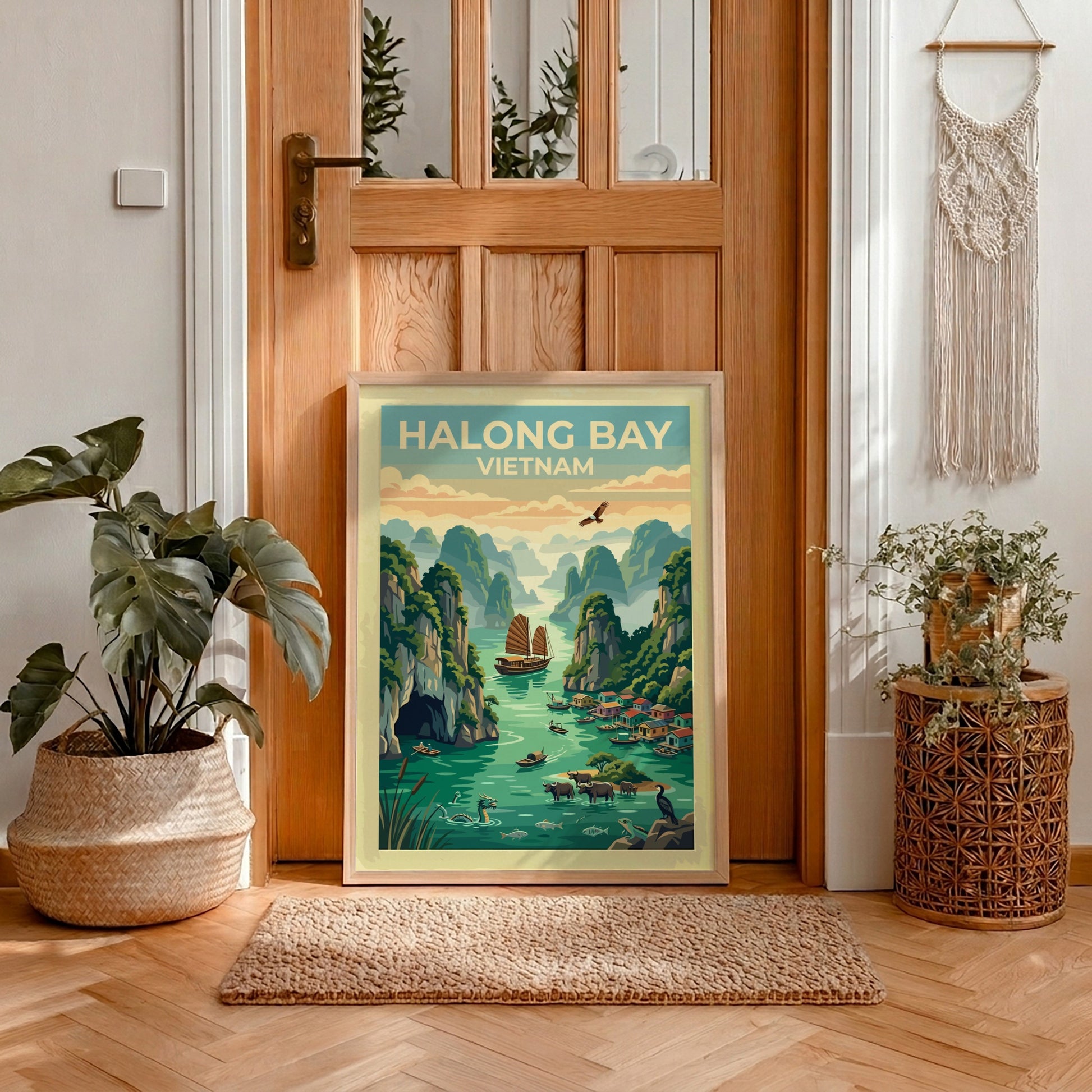 Halong Bay Vietnam travel poster featuring limestone cliffs, traditional junk boats, and water buffalo.