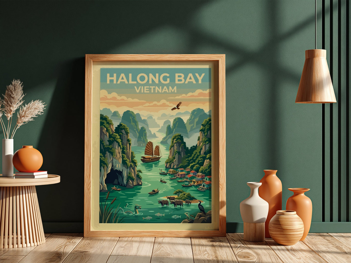 Halong Bay Vietnam travel poster featuring limestone cliffs, traditional junk boats, and water buffalo.