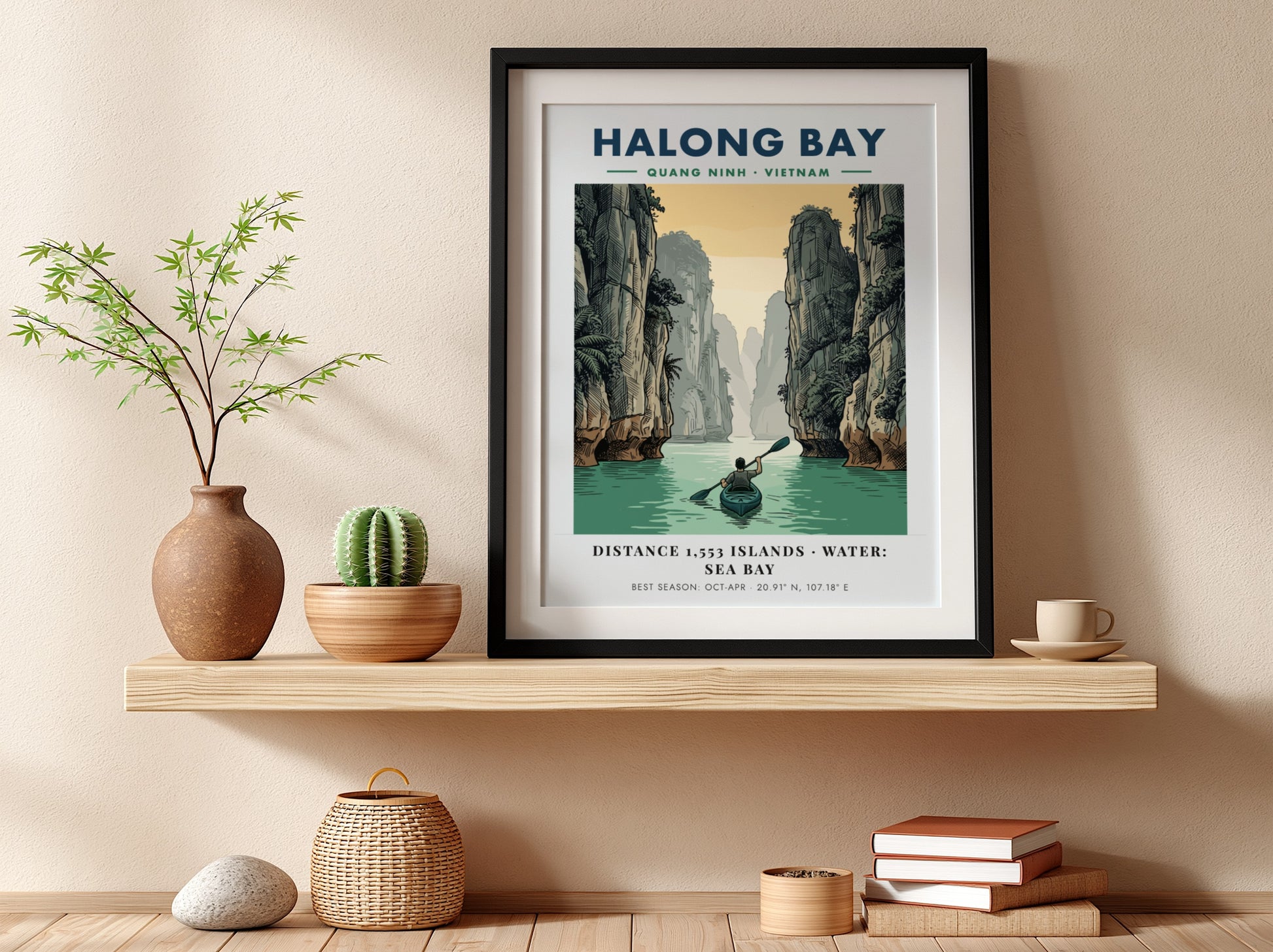 Poster showing a lone kayaker rowing through calm water between towering Halong Bay cliffs.
