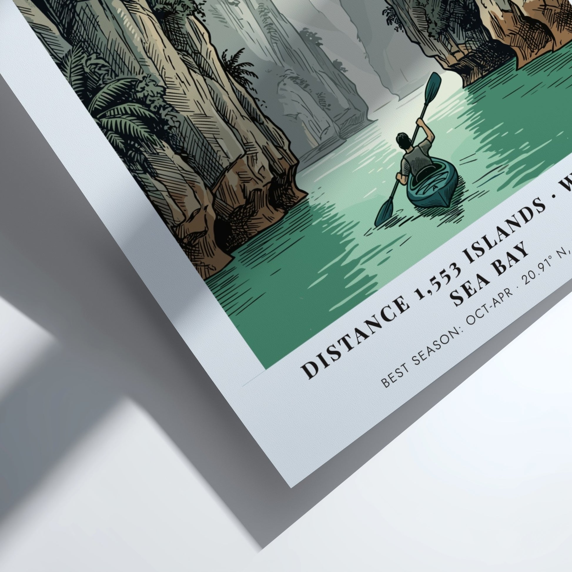 Poster showing a lone kayaker rowing through calm water between towering Halong Bay cliffs.