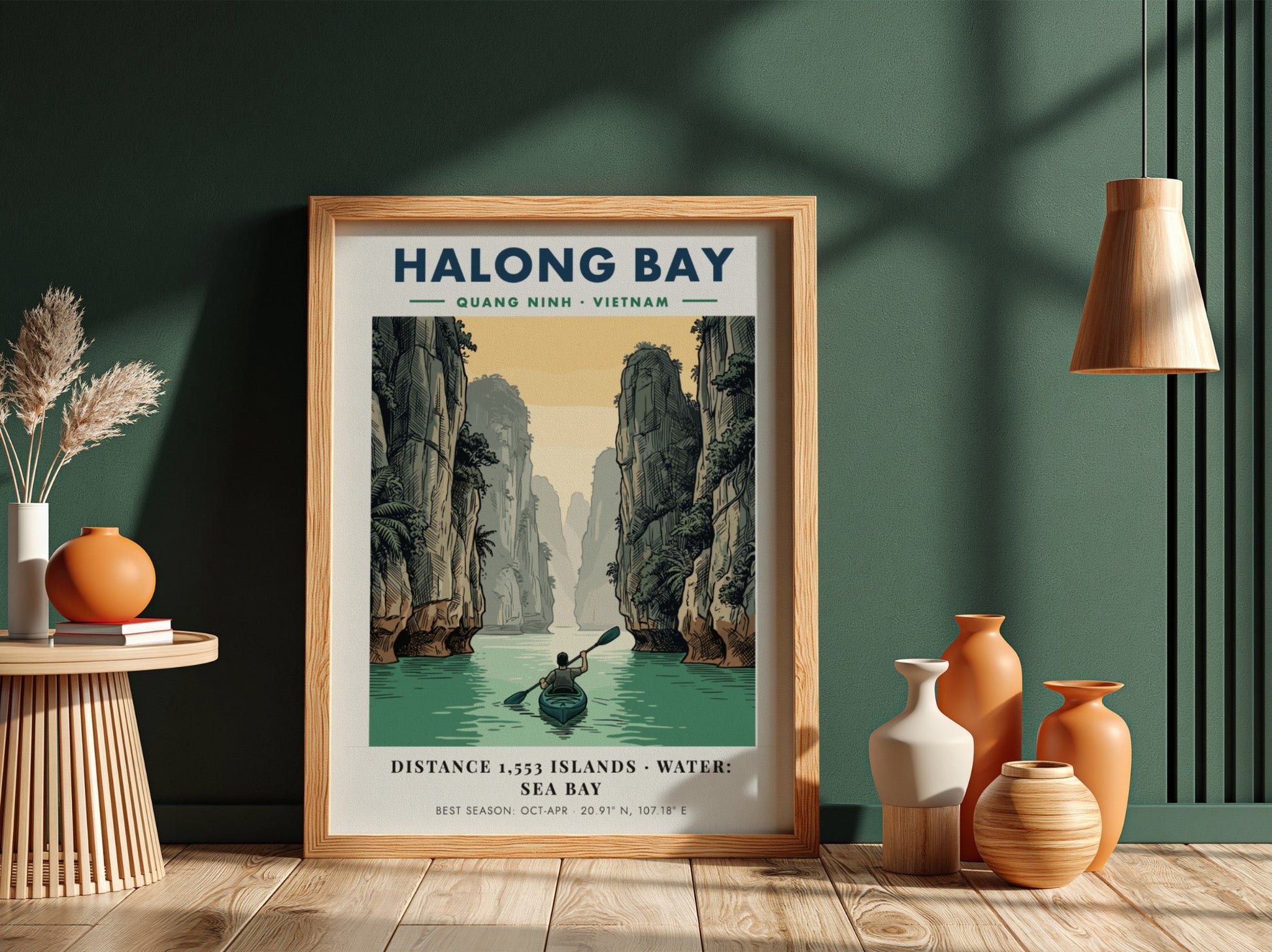 Poster showing a lone kayaker rowing through calm water between towering Halong Bay cliffs.