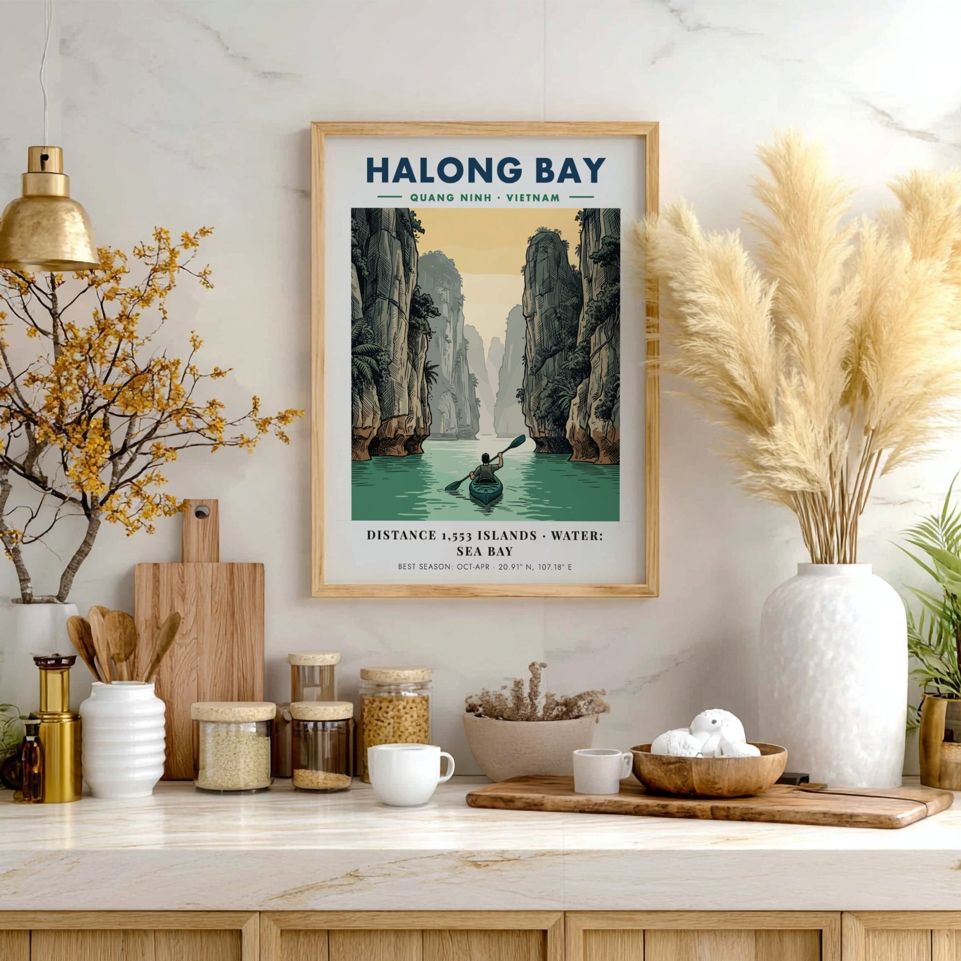 Poster showing a lone kayaker rowing through calm water between towering Halong Bay cliffs.