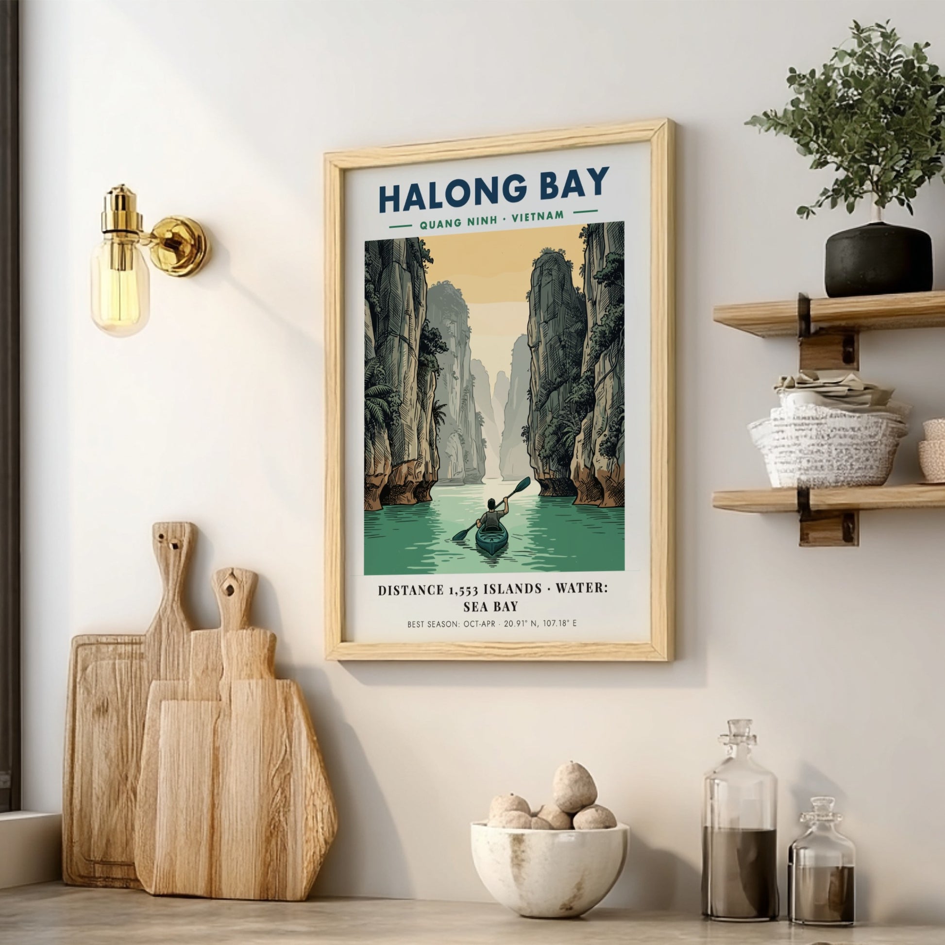 Poster showing a lone kayaker rowing through calm water between towering Halong Bay cliffs.